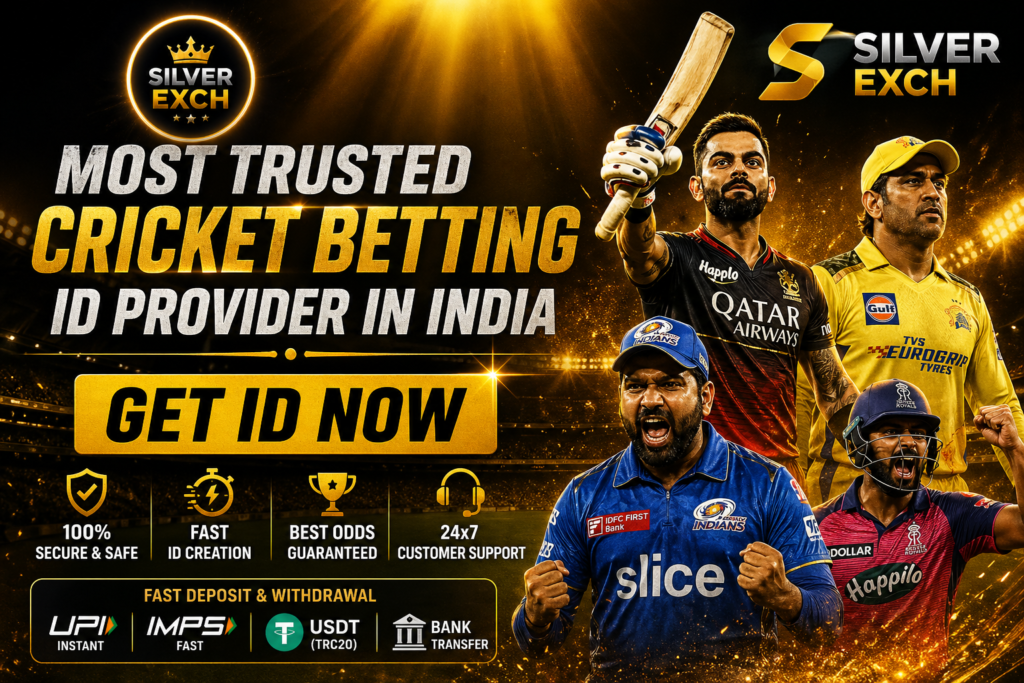 Silverexch betting ID promotional banner with cricketers and 5-minute account registration offer