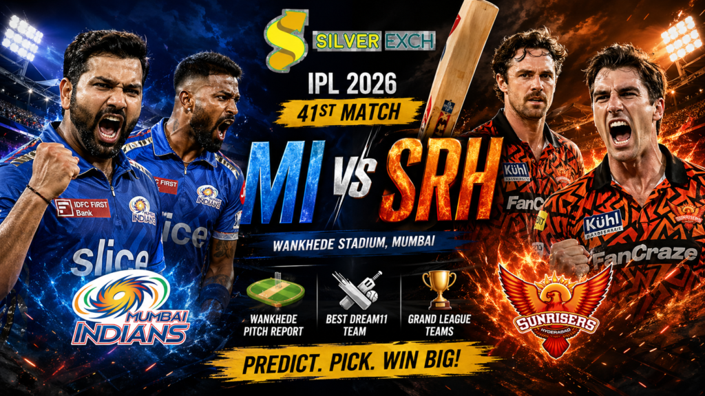 MI vs SRH Dream11 prediction banner with Mumbai Indians and Sunrisers Hyderabad players at Wankhede Stadium for IPL 2026