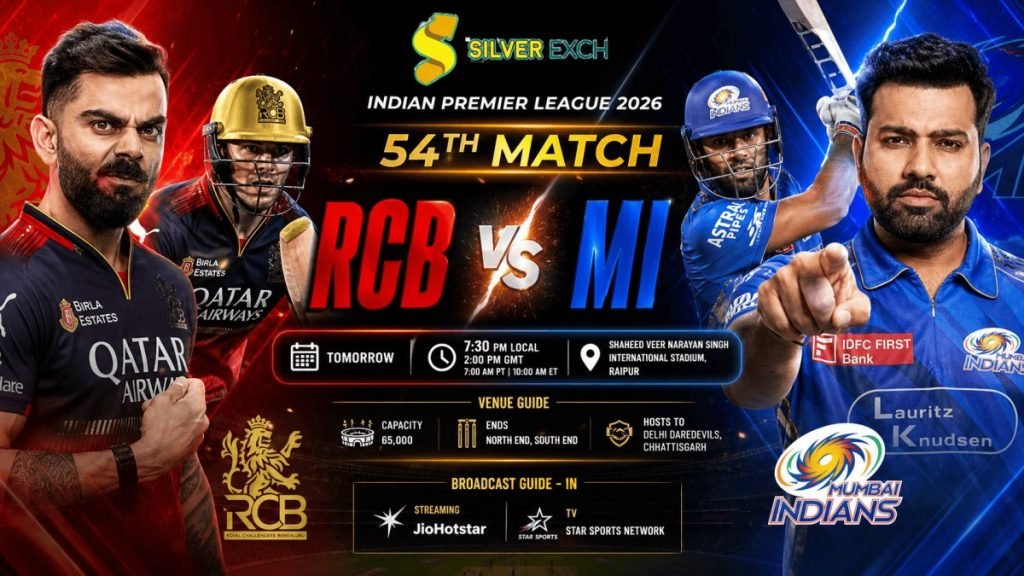 RCB vs MI IPL 2026 54th Match aggressive poster with Virat Kohli and Rohit Sharma