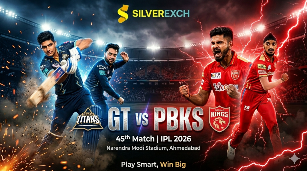 A cinematic sports poster for an IPL 2026 match between GT and PBKS, featuring key players, a blue vs. red fire and lightning theme, and the Silverexch logo.