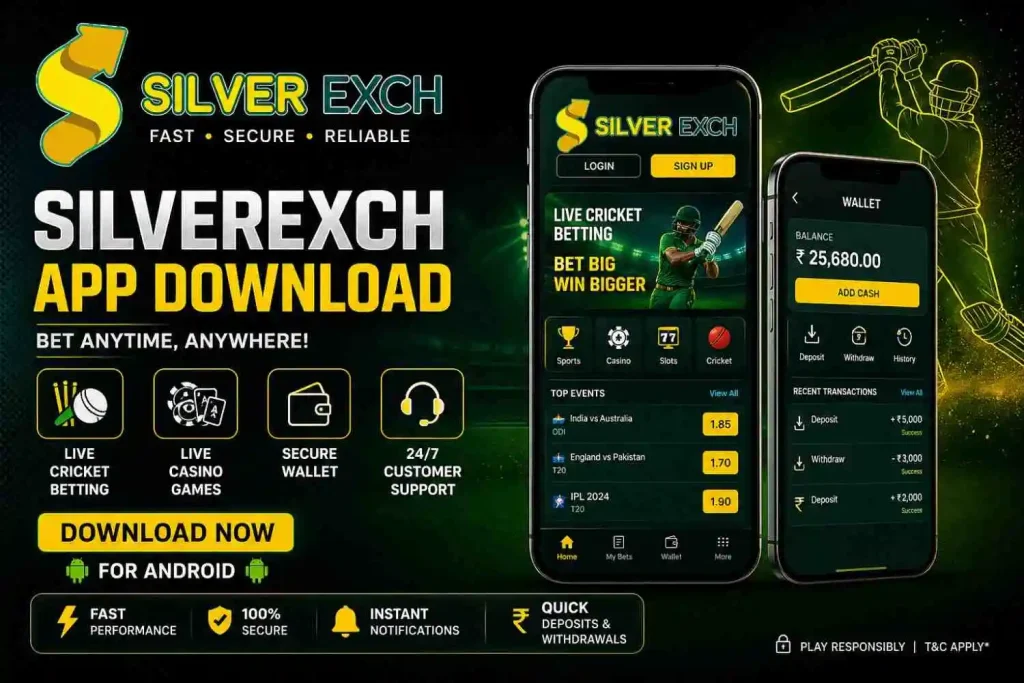 Silverexch App Download guide banner showing mobile app installation steps, features, login access, and secure betting platform on smartphone.