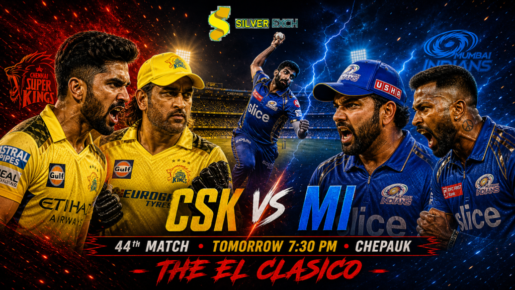 CSK vs MI IPL 2026 match banner featuring Ruturaj Gaikwad and MS Dhoni in yellow facing Rohit Sharma and Hardik Pandya in blue, with Jasprit Bumrah bowling at Chepauk stadium under dramatic red and blue lighting, text showing “44th Match • Tomorrow 7:30 PM • Chepauk – The El Clasico”