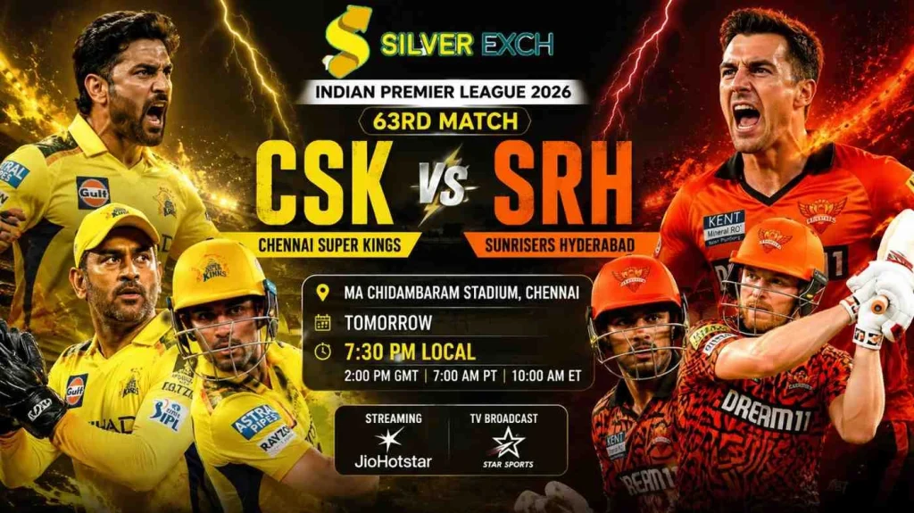 Aggressive CSK vs SRH IPL 2026 match poster featuring star players, Chepauk stadium details, and Silver Exchange branding.