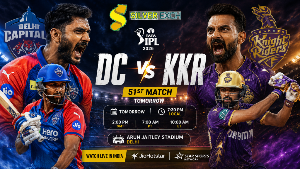 DC vs KKR IPL 2026 match poster with aggressive cricketers at Arun Jaitley Stadium, Delhi.