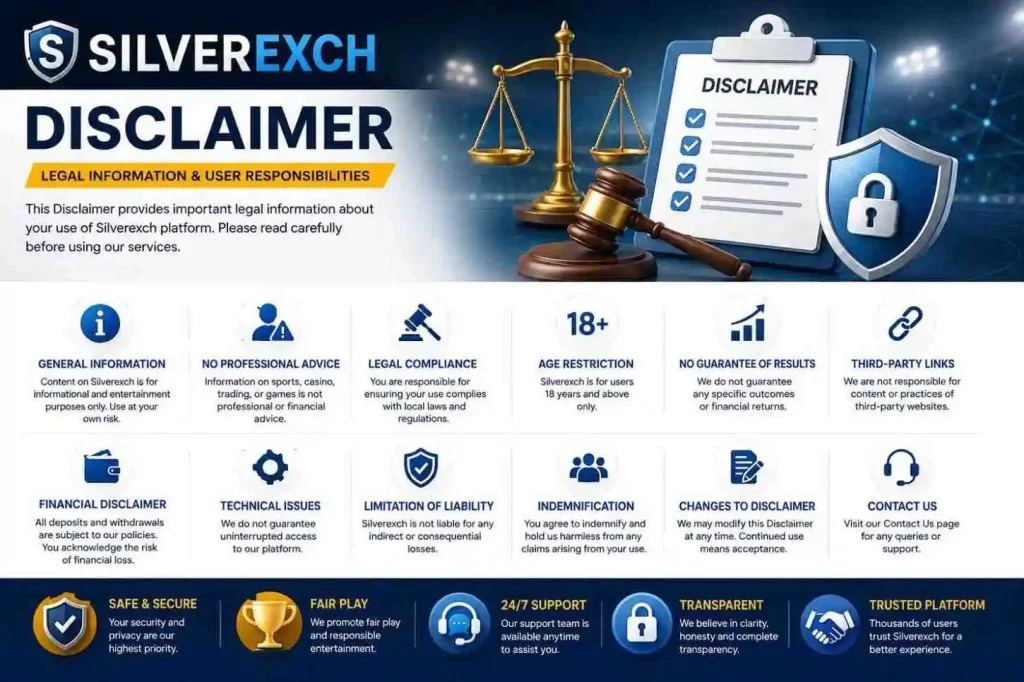 “Silverexch disclaimer infographic showing legal warnings, user responsibilities, and platform terms with icons for age restriction, compliance, and risk notices.”