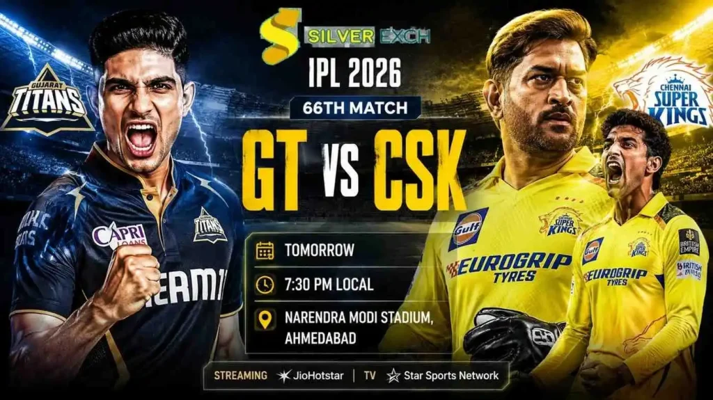 GT vs CSK IPL 2026 Dream11 prediction poster with Gujarat Titans and Chennai Super Kings players at Narendra Modi Stadium.