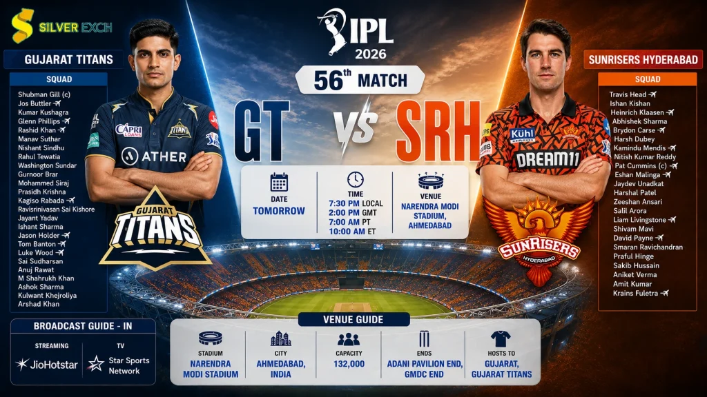 GT vs SRH IPL 2026 match poster featuring Shubman Gill and Pat Cummins with squads, venue details, and Silver Exchange branding.