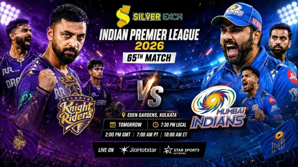 KKR vs MI IPL 2026 match poster featuring aggressive cricketers at Eden Gardens with Silver Exch branding.
