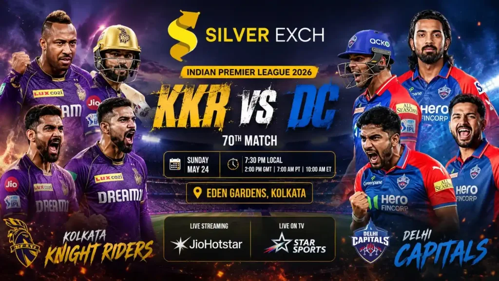 KKR vs DC IPL 2026 match poster with aggressive cricketers at Eden Gardens Kolkata | Silver Exch