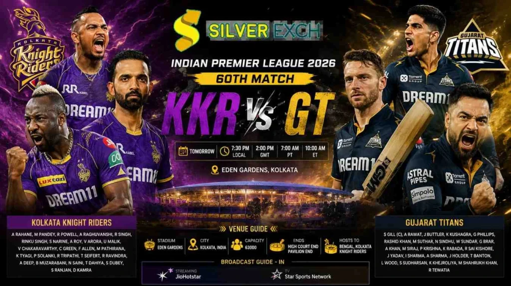 KKR vs GT IPL 2026 match banner at Eden Gardens with aggressive cricketers and Silver Exch logo