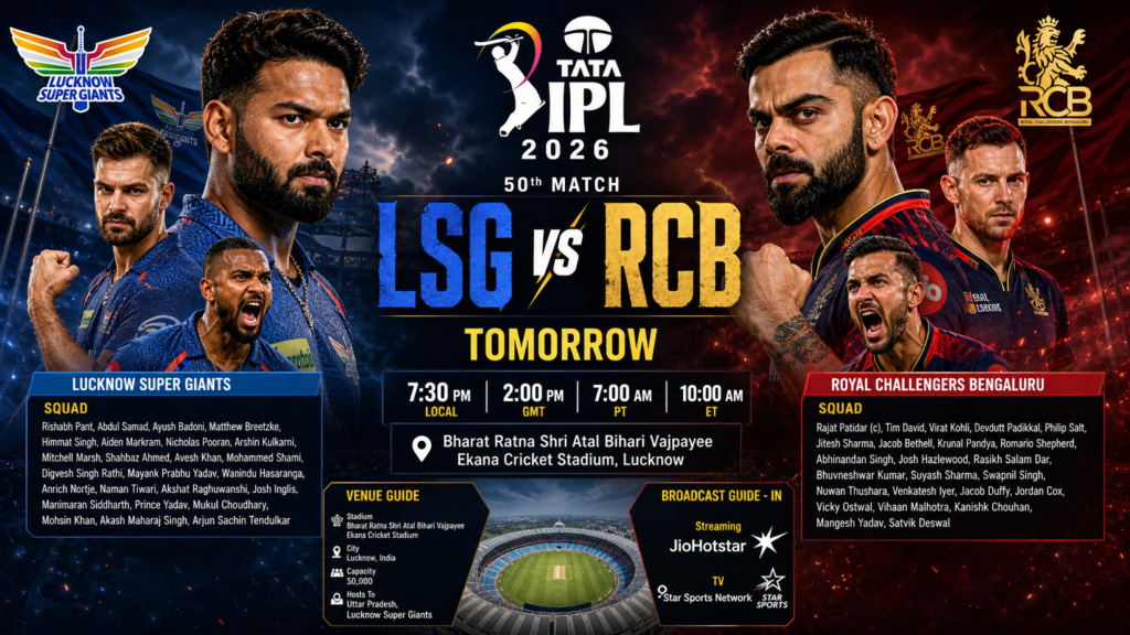 LSG vs RCB IPL 2026 match banner with players, Ekana Stadium details, and match timing displayed.