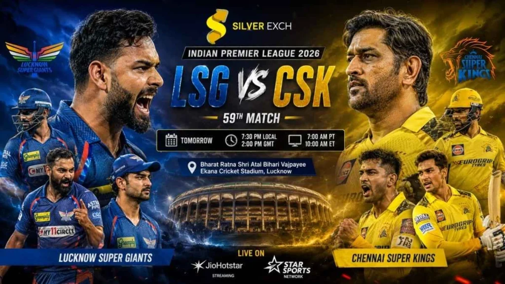 lsg vs cks ipl 2026 match poster with silvereexch logo at ekana statudim lucknow