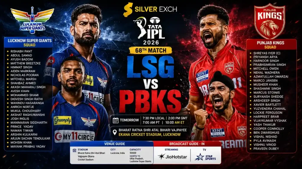 LSG vs PBKS IPL 2026 match poster featuring aggressive cricket players, Silver Exch logo, Ekana Stadium Lucknow venue details, team squads, and live broadcast information.