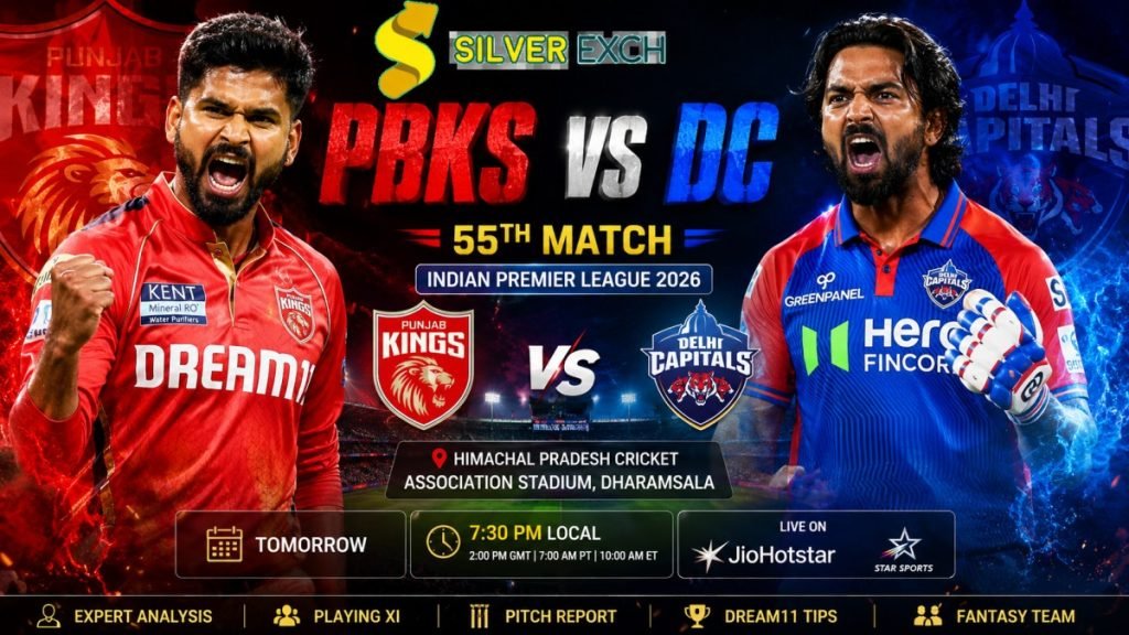 PBKS vs DC IPL 2026 match poster with Shreyas Iyer and KL Rahul at Dharamsala Stadium.