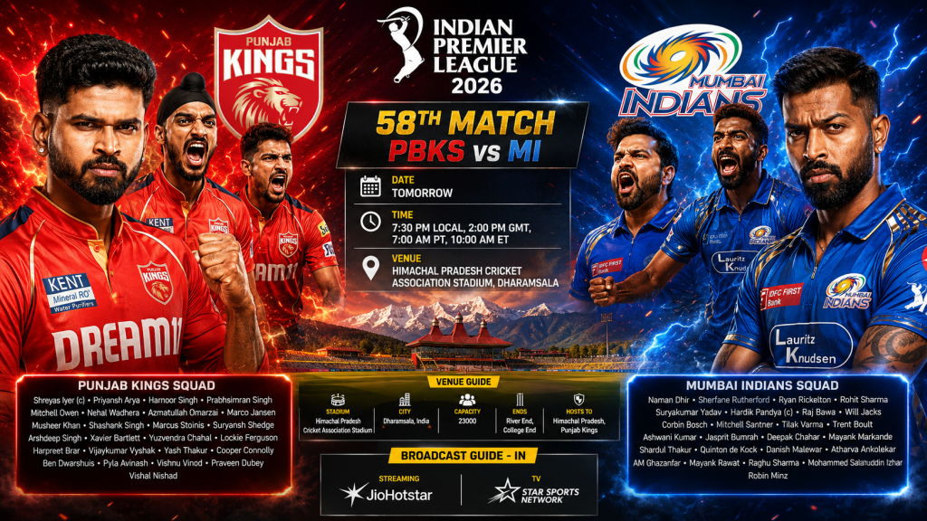 unjab Kings vs Mumbai Indians IPL match preview banner with team logos and stadium background