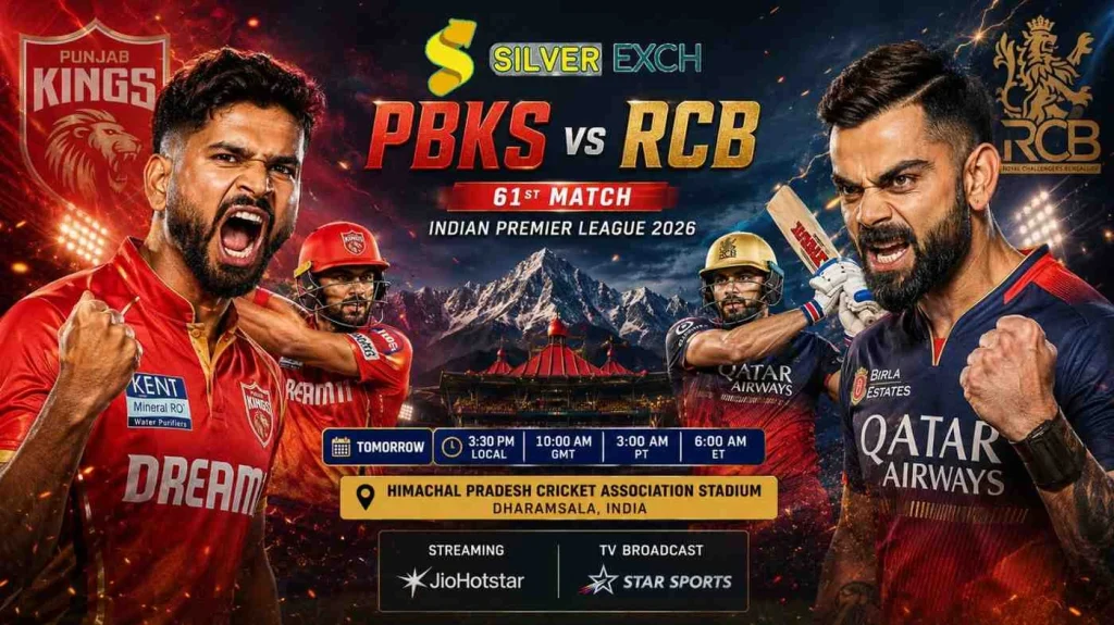 PBKS vs RCB IPL 2026 Match 61 promo poster featuring aggressive cricket action, players, stadium backdrop, and Silver Exch branding.