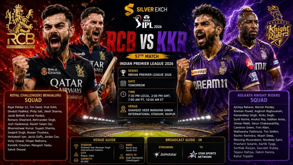 RCB vs KKR IPL 2026 match poster featuring Virat Kohli and KKR players in aggressive poses with SilverExch logo, match details, venue information, and fiery red-purple stadium background.