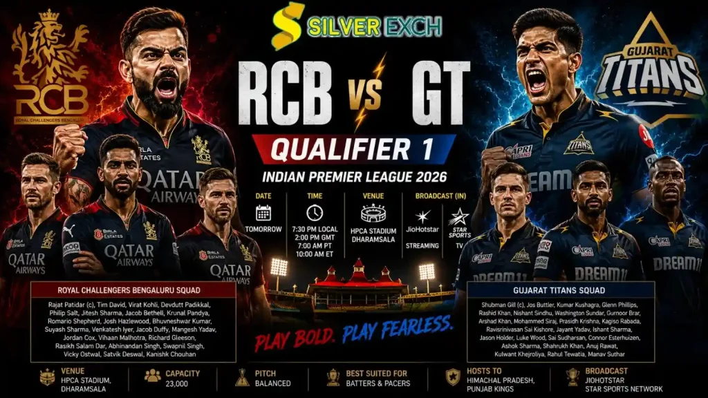 RCB vs GT Qualifier 1 IPL 2026 Poster with Silver Exch Logo