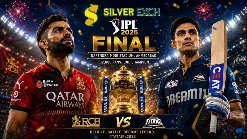 IPL 2026 Final poster with Virat Kohli, Shubman Gill, IPL trophy, fireworks, and Silver Exch logo at Narendra Modi Stadium.