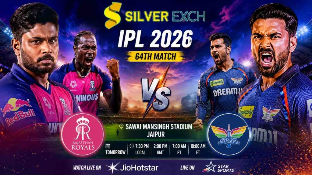 IPL 2026 RR vs LSG 64th match promotional poster with Silverexch branding, featuring players, stadium background, and match details.