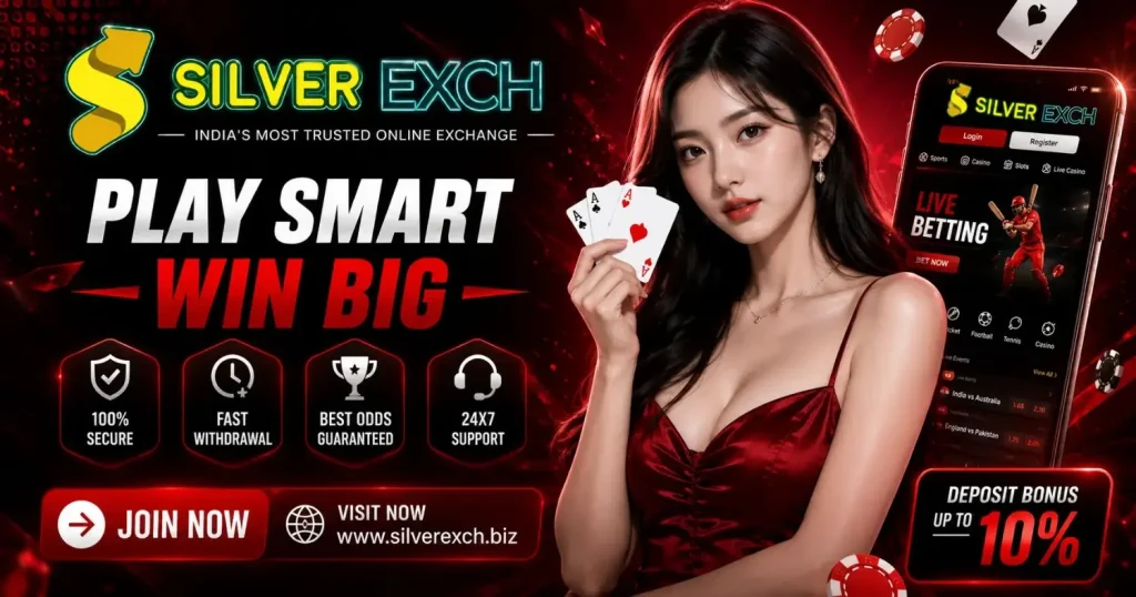 “SilverExch online betting promotional banner with updated SILVER EXCH logo, play smart win big message, casino chips, live betting app and deposit bonus offer.”