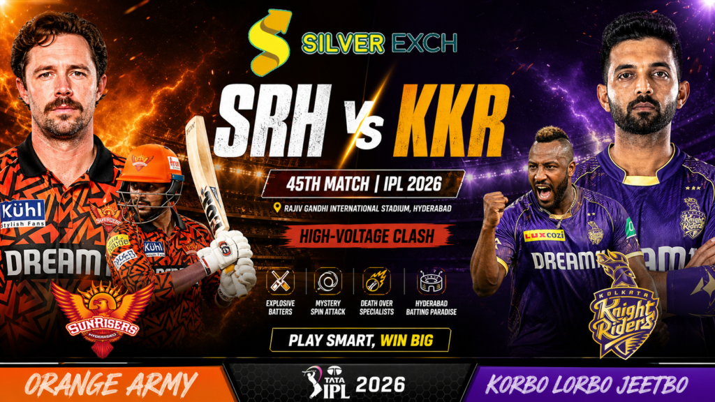 SRH vs KKR IPL 2026 Match 45 poster featuring aggressive cricketers, Silverexch logo, and high-voltage clash at Rajiv Gandhi International Stadium Hyderabad in 1200x675 format