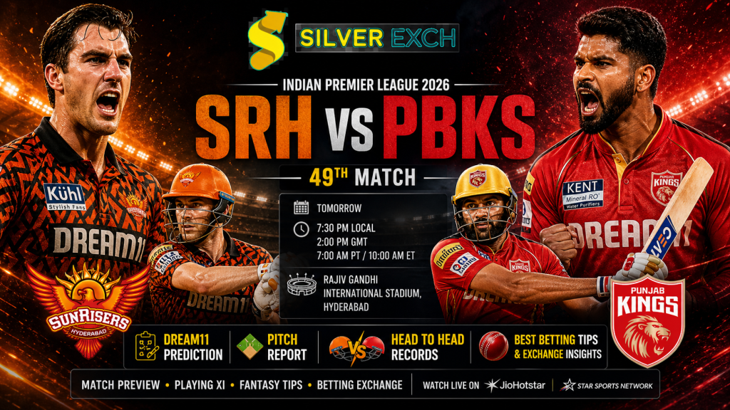 SRH vs PBKS IPL 2026 poster with aggressive players, Silver Exch logo, and match details.