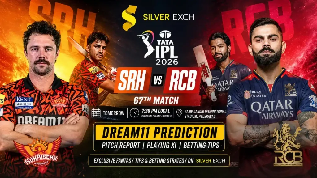 SRH vs RCB Dream11 IPL 2026 promo banner featuring key players, aggressive match-up visuals, and Silver Exch branding.