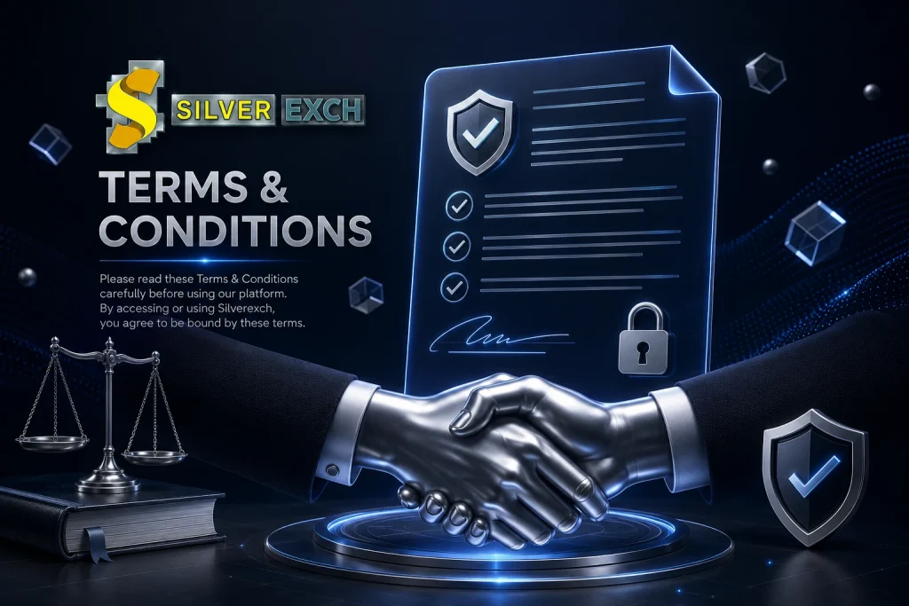 A futuristic Silverexch Terms & Conditions banner featuring metallic silver hands shaking over a glowing holographic contract with security icons, legal symbols, and the Silverexch logo on a dark blue corporate technology background.