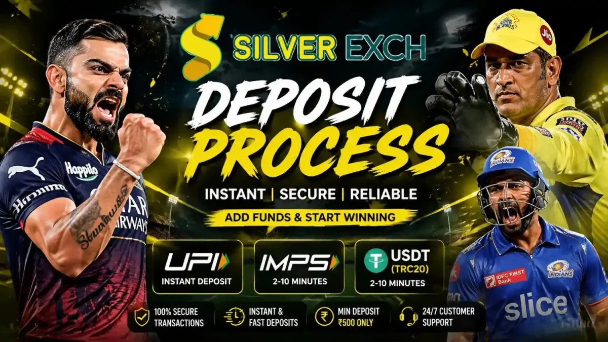 Silverexch deposit process banner with aggressive cricket players and secure payment options including UPI, IMPS, and USDT for instant account funding.