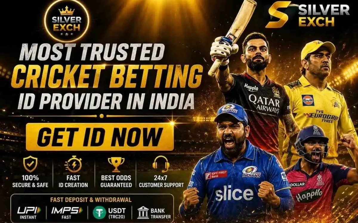 Silverexch betting ID promotional banner with cricketers and 5-minute account registration offer